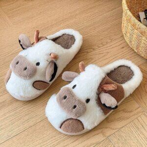 NWT TAUPE Cow Print Cozy Slippers Cute Animal House Shoes, Sizes S/M/L